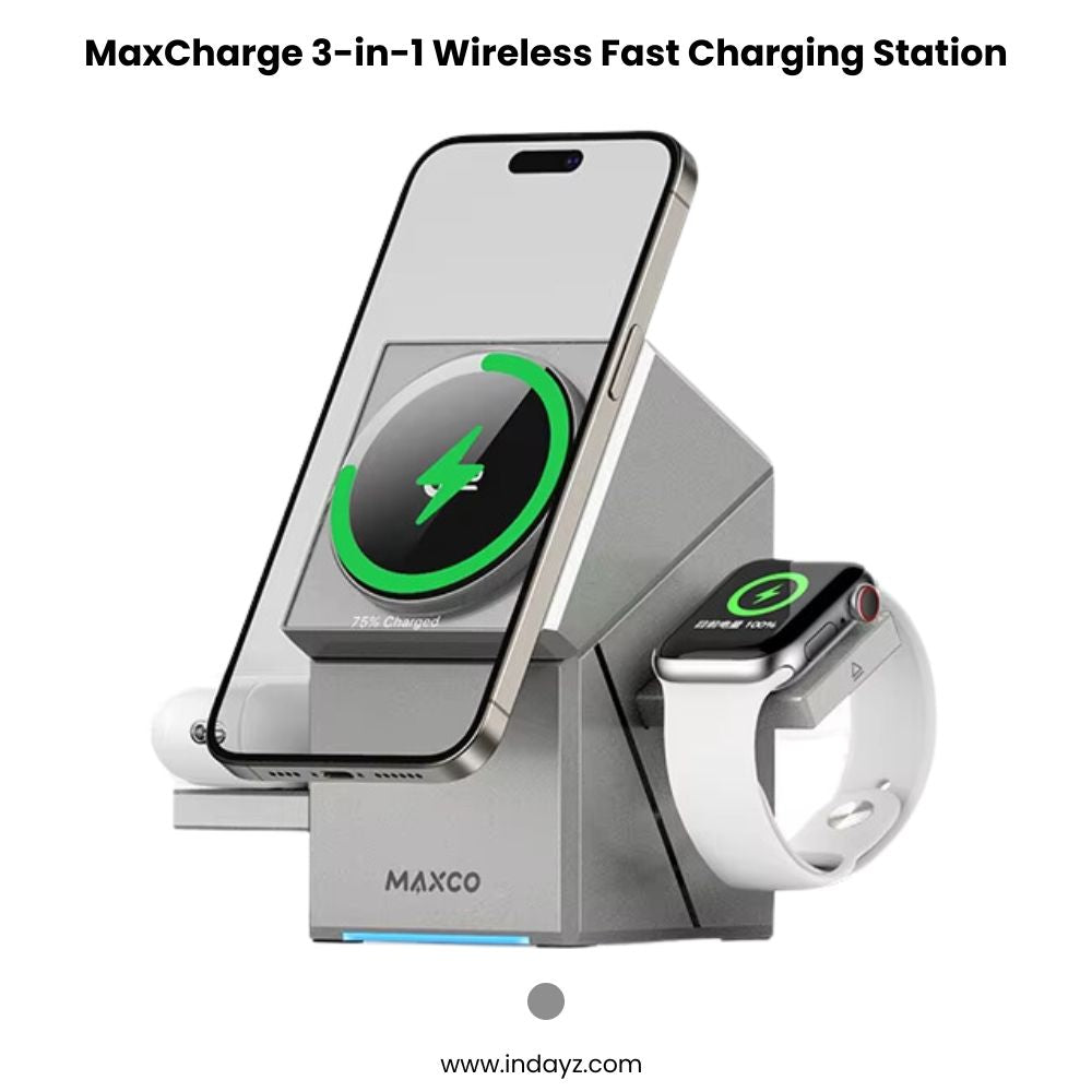 MaxCharge 3-in-1 Wireless Charging Station | 15W Qi2 Fast Charging for iPhone 16, 15, 14, 13, 12 Series, Apple Watch & AirPods