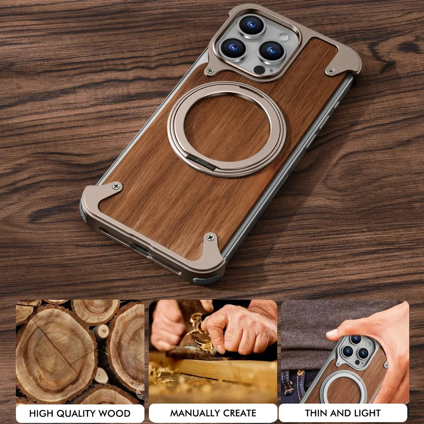 EaryWood 16 – MagSafe Wooden Case with 360° Ring Stand