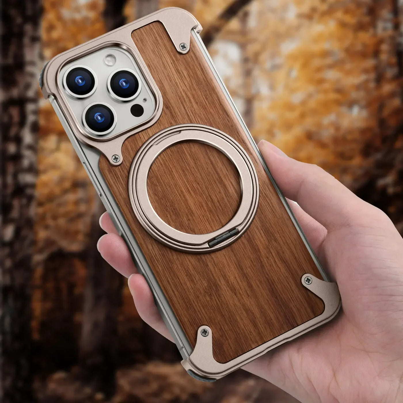 EaryWood 16 – MagSafe Wooden Case with 360° Ring Stand