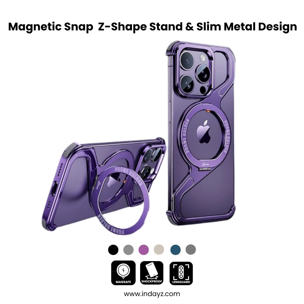 Magnetic Snap iPhone 16, 15, 14 Z-Shape Stand & Slim Metal Design Case