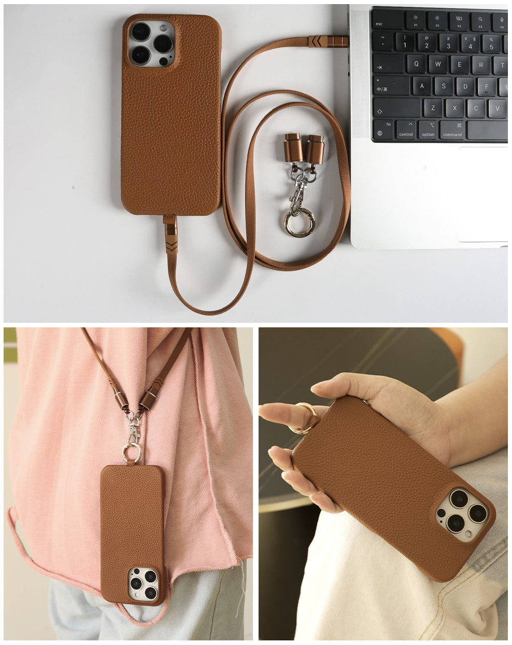 LuxeCord Crossbody iPhone  16, 15, 14  Premium Leather USB Charging & Strap Case